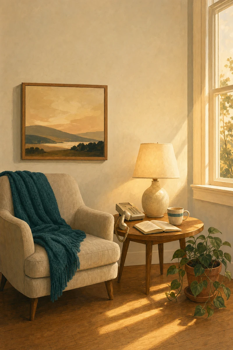 A quiet living-room corner at golden hour: a soft armchair with a deep-teal knit throw, a side table with a corded landline phone, a lamp glowing amber, a small open notebook, and a trailing houseplant. A framed abstract landscape hangs on the wall above.