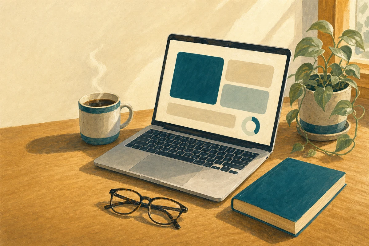 A quiet home desk in warm morning light: an open laptop with a calm progress indicator, a steaming mug of coffee, reading glasses, a paperback book, and a small trailing houseplant.